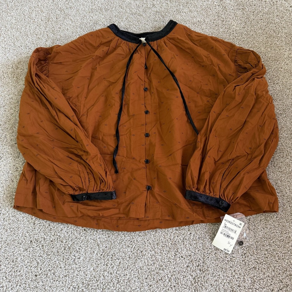 Treasure & Bond Blouse Womens L Brown Rust Geometric Balloon Sleeve Button